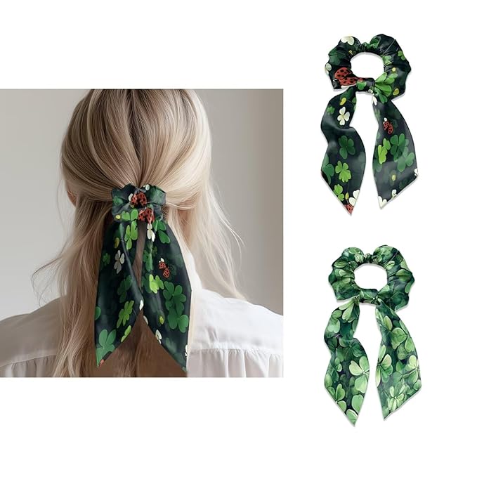 Four Leaf Ladybug Satin Hair Ties for Curly Hair 2 Piece Fashion Bow Scrunchies with Ribbon for St Patricks Day Long Ribbon Hair Ties Knotted Bow