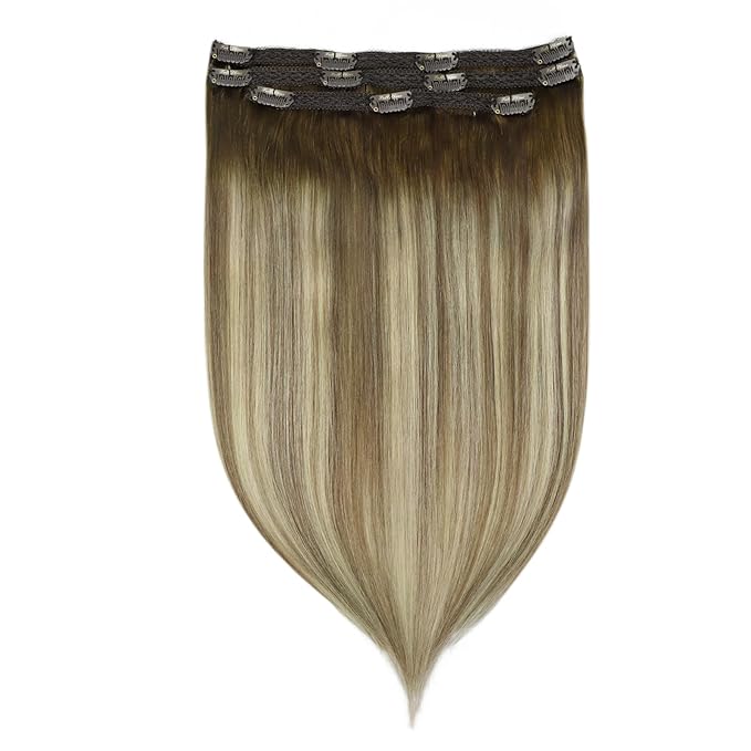 Full Shine Ombre Clip in Hair Extensions Human Hair 3 Pcs 60 G 12 Inch Short Clip in Extensions Walnut Brown to Light Brown Mix Light Blonde Straight Remy Hair Extensions for Fine Hair