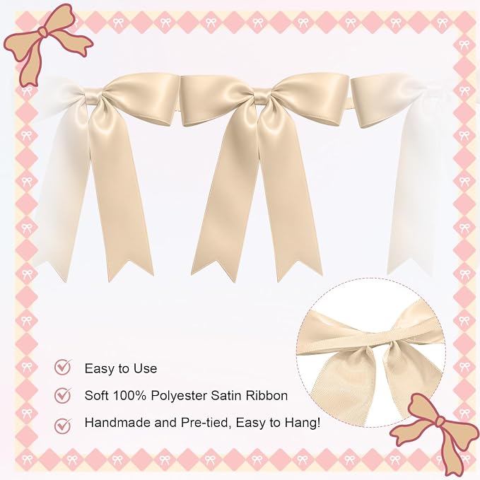 1 String of 8PCS Champange Bow Garland Banner Decoration, Pre-Strung Satin - Image 3