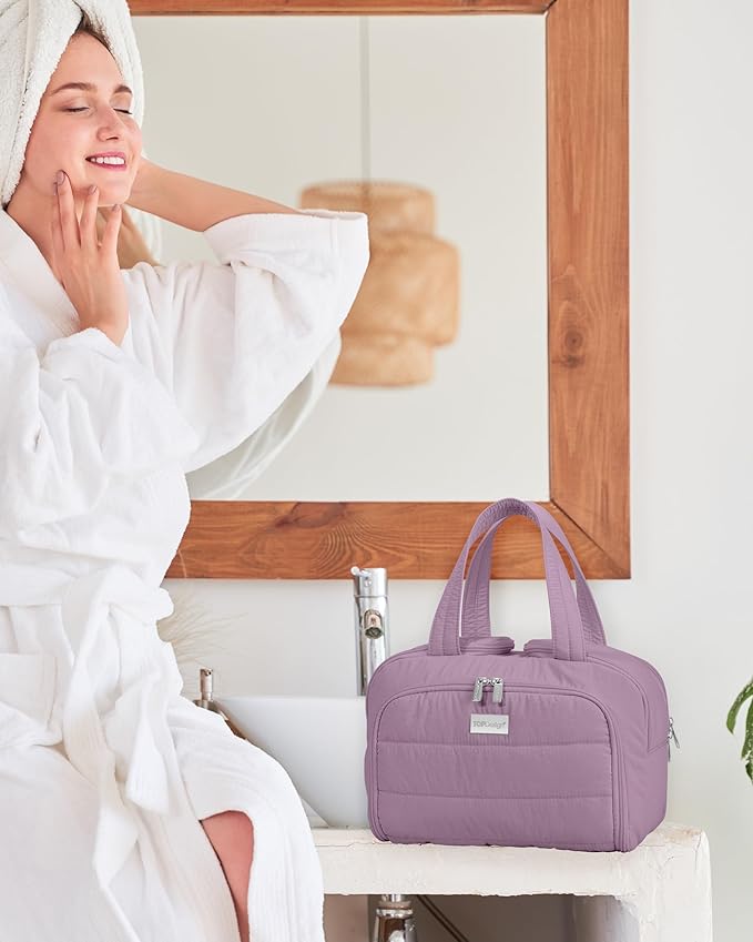 TOPDesign Travel Toiletry Bag for Women, Puffer Large Toiletry Bag, Lightweight Cosmetic Makeup Organizer with Handle for Traveling, Accessories, Essentials, Toiletries (Purple)