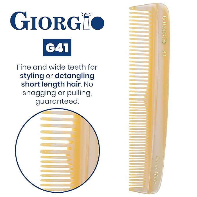 Giorgio G41 Fine and Wide Tooth Pocket Comb - Hair Styling for Men and Women, Handmade Beard and Mustache Grooming, Barber Comb, Saw Cut and Polished for Travel