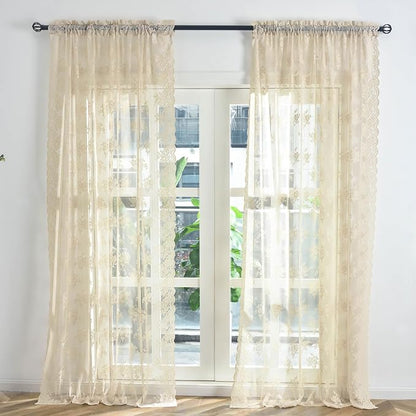 Kotile Beige Lace Curtains for Bedroom Rustic Floral 42 x 90 Inch, 2 Panels | - Image 8