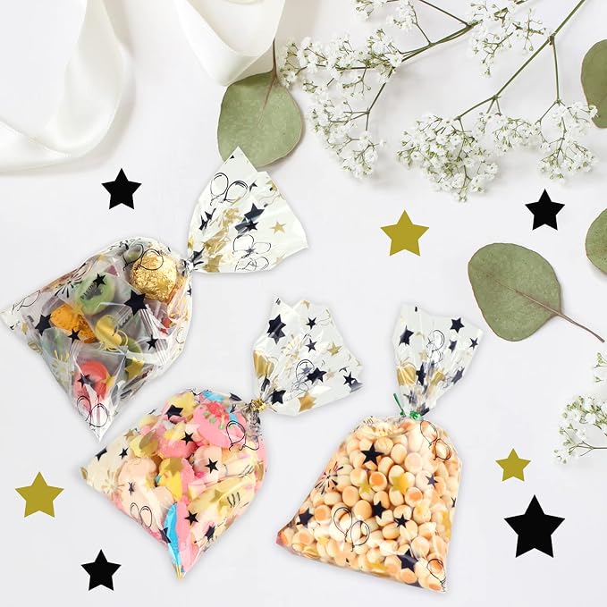 COQOFA 100 Pcs Black Gold 6"X10" Star Printed Gift Wrap Cellophane Bags - Image 7