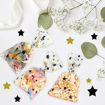 COQOFA 100 Pcs Black Gold 6"X10" Star Printed Gift Wrap Cellophane Bags - Image 7