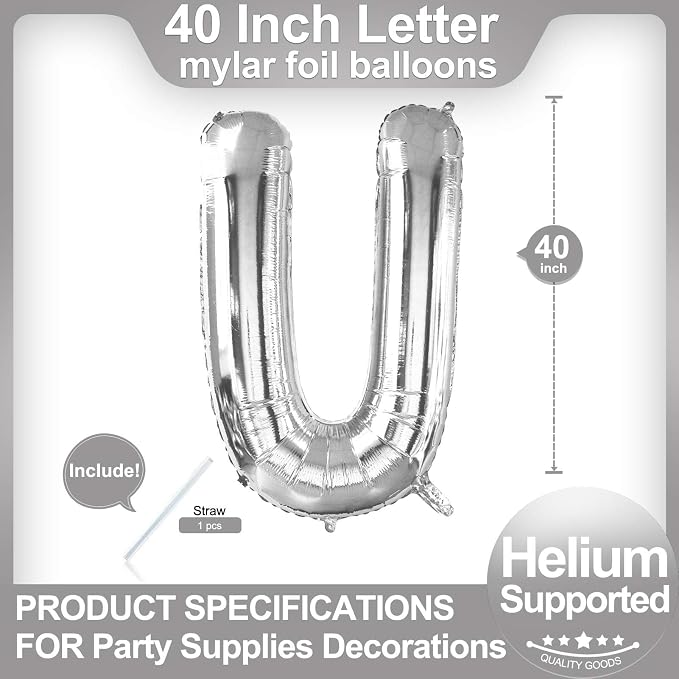 40 Inch Silver Letter U Balloons, DIY Phrase Foil Alphabet Letter U Balloons - Image 2