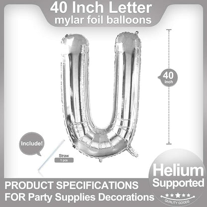 40 Inch Silver Letter U Balloons, DIY Phrase Foil Alphabet Letter U Balloons - Image 2