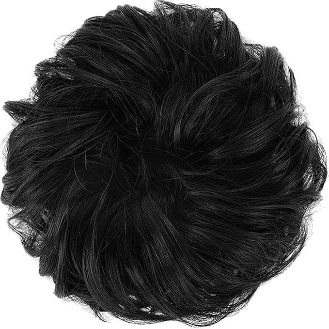 FESHFEN Messy Bun Hair Piece - Elastic Wavy Curly Hair Bun Scrunchies Extensions Synthetic Chignon Hairpieces for Women Girls, Natural Black 1.5 oz