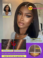 YIROO Yaki Straight Bob Human Hair Drawstring Wigs Pre Cut 7x5 HD Lace Front Wig Bye Bye Knots Glueless Yaki Short Bob Human Hair Wigs Pre Plucked Invisible Knots 150% Density Ready to Go 12Inch