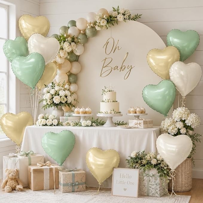 Sage Green Gold Heart Balloons, 18Inch Cream White Helium Balloon - Image 4