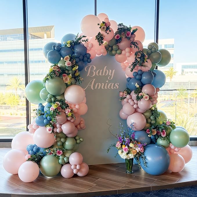 Pink Blue Green Balloons, 12 inch Dusty Green Pale Pink Beige Balloons - Image 3