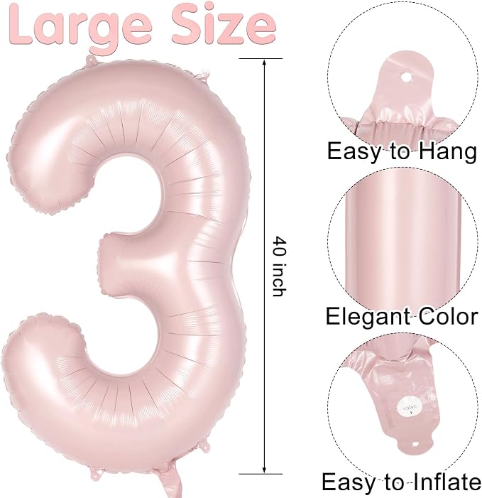 Light Pink Number 3 Balloon, 40 Inch Giant Mylar Number Balloons, Large Foil - Image 2