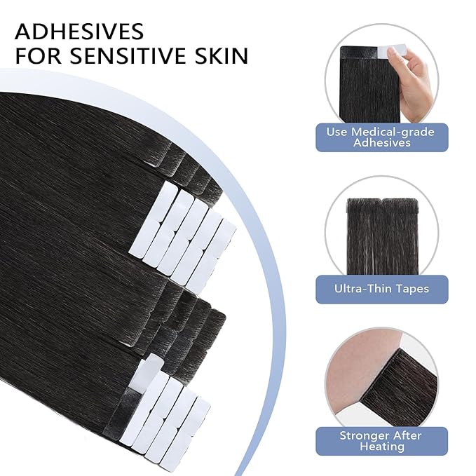 COOKAYU Invisi Edge Tape in Extensions Human Hair, Natural Black Seamless Injected Tape Ins Remy Hair 16Inch 35g 20pcs Straight Extensions Silky Smooth
