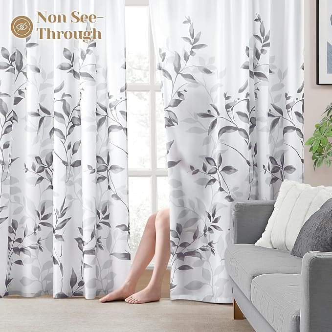 HOMEIDEAS Non-See-Through Light Grey and White Privacy Sheer Curtains 52 X 63 - Image 2