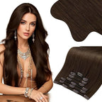Moresoo Human Hair Clip in Extensions Brown Double Weft Silk Soft Natural Hair Extensions for Women Medium Brown #4 7pcs/150g 22inch