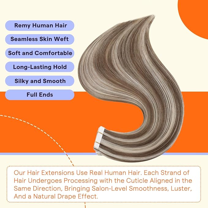 Full Shine Tape in Hair Extensions 22 Inch Color 8 Brown and 60 Blonde 50 Grams Remy Tape in Extensions Human Hair Invisible Human Hair Extensions Tape Ins 20PCS Add Length