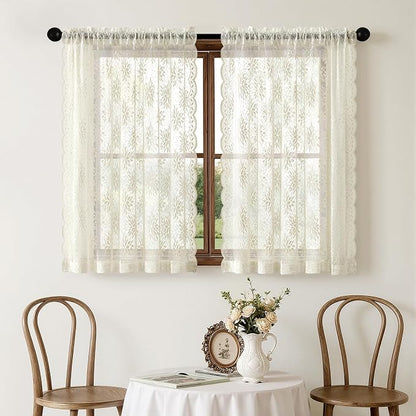 MIULEE Vintage Floral Scalloped Lace Curtains 2 Panels, Ivory 52" W x 45" L | - Image 7