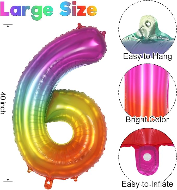 Rainbow Number 6 Balloon 40 Inch, Big Large Foil Number Balloons, Gradient - Image 3