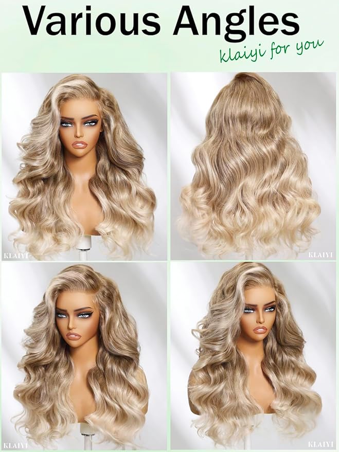 KLAIYI Ombre Ash Blonde Loose Body Wave Pre Everything Glueless 13x4 Lace Front Wigs Human Hair Balayage Precut Pre Plucked Bleached Bye Bye Knots 30S Ready to Wear and Go Wig Beginner Friendly 24Inch