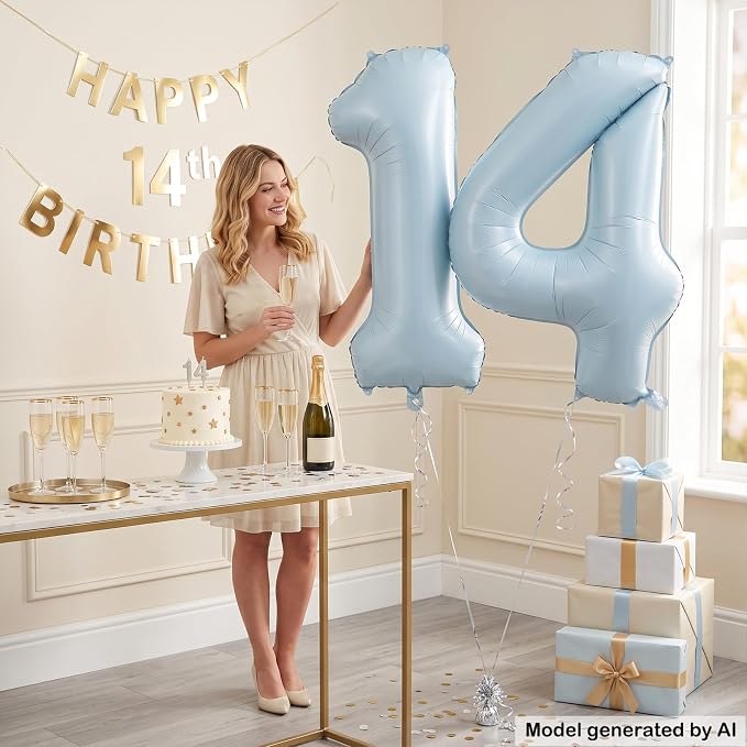 40" Light Blue Foil Number 14 Balloon - Image 4