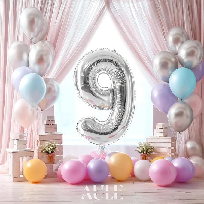 AULE 40 Inch Silver 9 Balloon Number Foil 0-9 Birthday Big Numbers | Birthday - Image 2