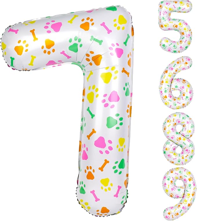 40 Inch Multi-color Dog Paw Balloons, Numeral 7 Birthday Balloons by AXBMM
