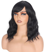 Shoulder Length Natural Black Wavy Bob Wigs For Women Short Wavy Wigs With Bangs Synthetic Wavy Wigs Heat Resistant Daily Use Wigs(Natural Black)