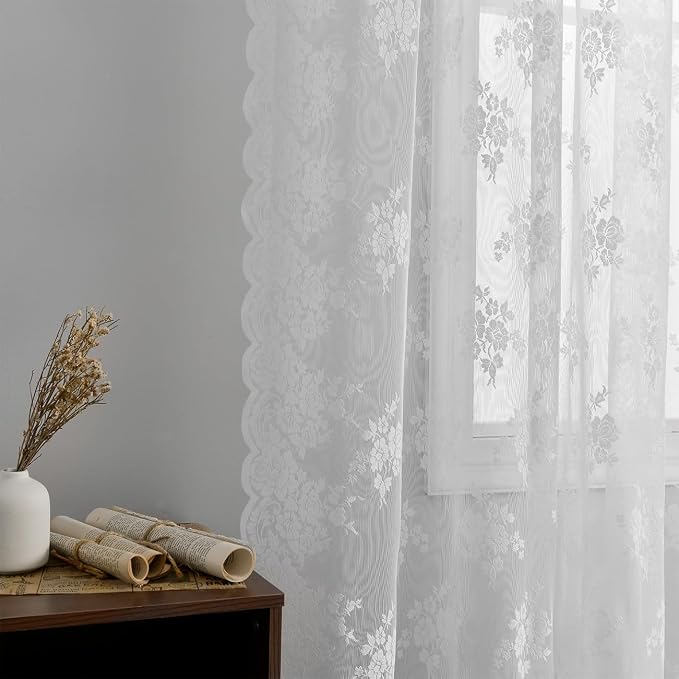 Kotile White Lace Curtains for Bedroom Country Floral 42 x 63 Inch 2 Panels | - Image 7