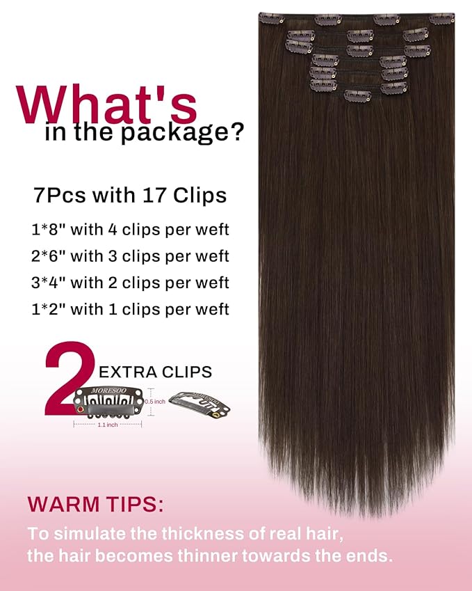 Moresoo Brown Clip in Hair Extensions Remy Straight Double Weft Real Hair Extensions Clip in Human Hair Medium Brown #4 Full Head Set 7pcs 120Gram 18 Inch