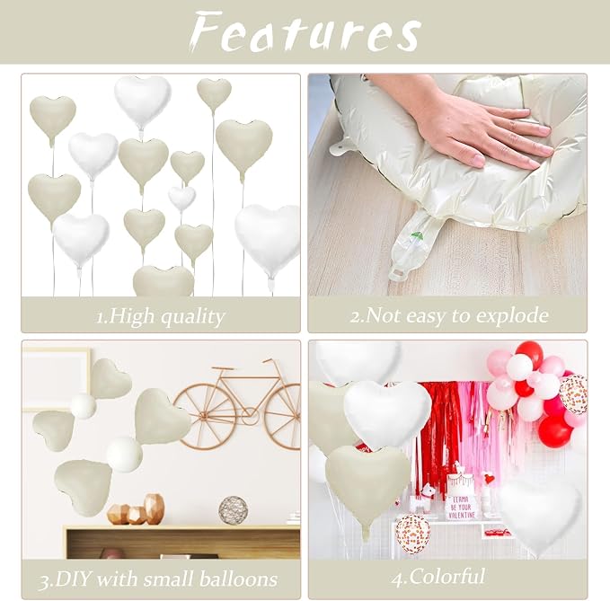 Biapian Cream Heart Balloons, 18 Inch Sand White Heart Shape Balloons Foil - Image 8