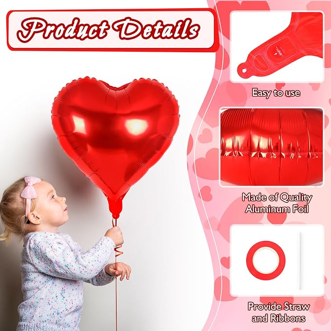12 Pcs Red Heart Balloons, 18 Inch Heart Foil Balloons Love Balloon Valentine - Image 5