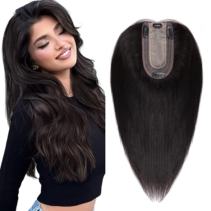 SEGO Real Human Hair Topper for Women, No Bangs Hair Topper with Anti-Slip Clips (8 Inch#1B Natural black)