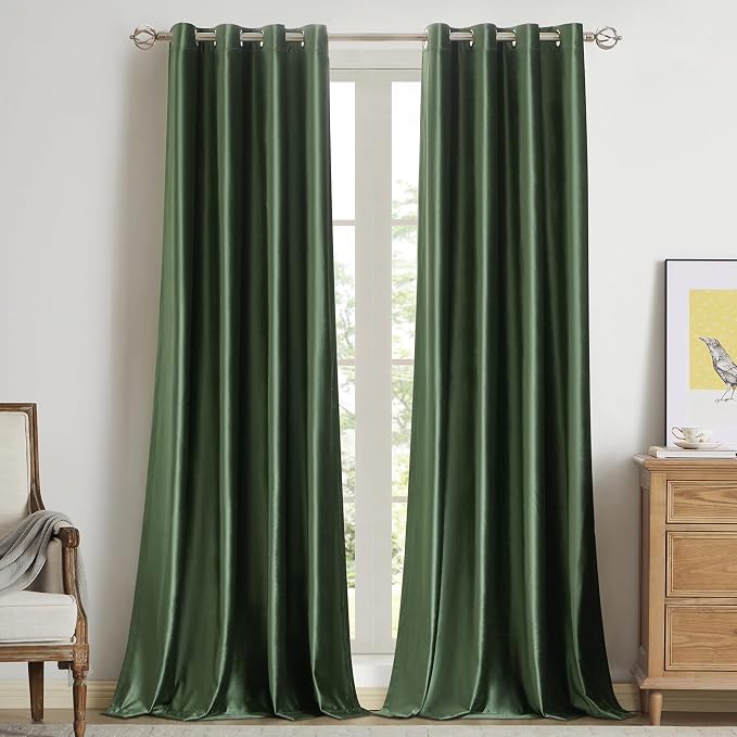 BULBUL Velvet Oilve Green Blackout Curtains 108 inch Length by ModernShinyVelvetCurtains