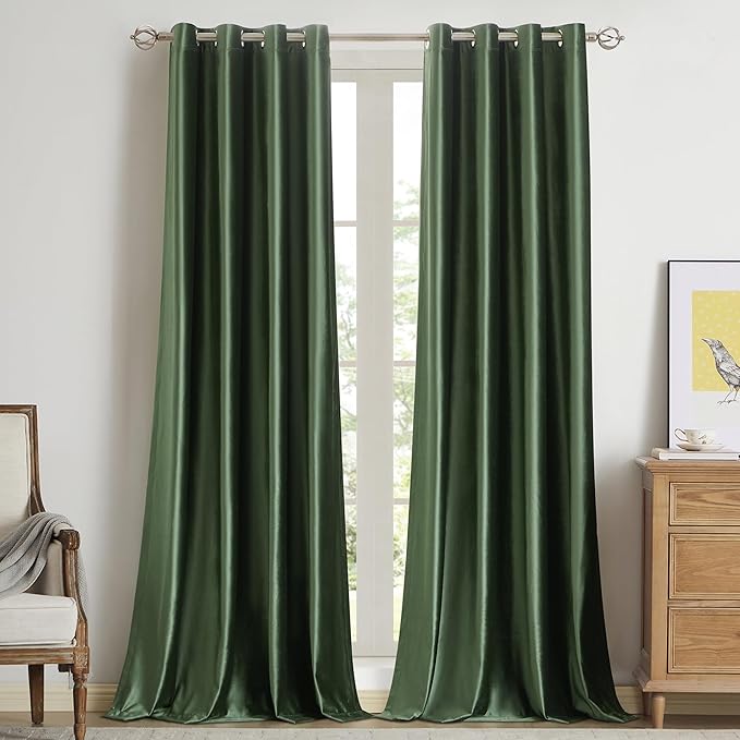 BULBUL Velvet Oilve Green Blackout Curtains 96 inch Long by ModernShinyVelvetCurtains