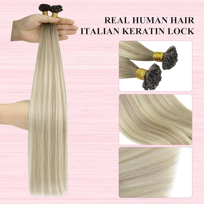 YoungSee U Tip Hair Extensions Human Hair Balayage Ash Blonde with Platinum Blonde Hair Extensions Utips Human Hair Blonde 22In 1G/S 50G