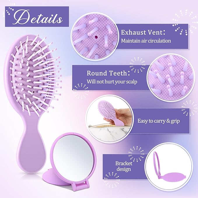 Meanplan 24 Pcs Mini Hair Brush Set 12 Travel Wet Dry Hair Combs Pocket Detangling 12 Compact Folding Makeup Mirrors for Spa Sleepover Birthday Bridal Shower Bachelorette Christmas Party Gift(Purple)