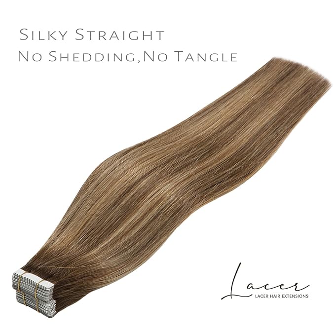 Lacer 16 Inch Tape in Hair Extensions Chocolate Brown to Dark Caramel Blonde Seamless Skin Wefts Rooted Tape in Hair Extensions 50 Grams 20Pcs