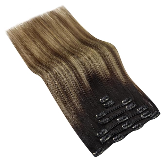 Ve Sunny Clip in Hair Extensions Black Ombre Hair Extensions Clip ins Black Balayage Brown with Caramel Blonde Human Hair Clip in Extensions for Women 14Inch 100g