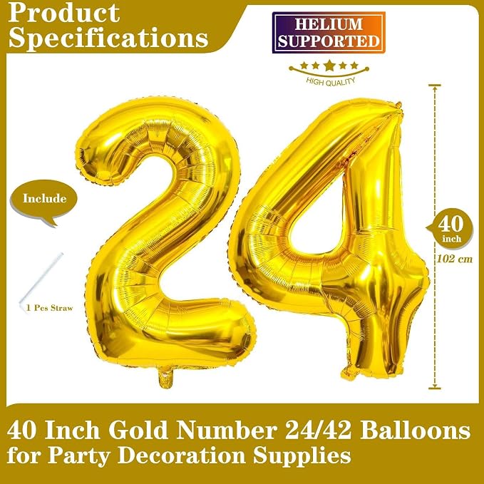 Gold 24 Number Balloons, 40 Inch Giant Number 24 Balloons Foil Mylar Helium - Image 2
