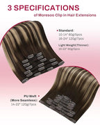 Moresoo Seamless Clip in Human Hair Extensions Ombre Dark Brown with Caramel Blonde Balayage Remy Seamless Clip on Hair Extensions 7pcs/120g 20inch