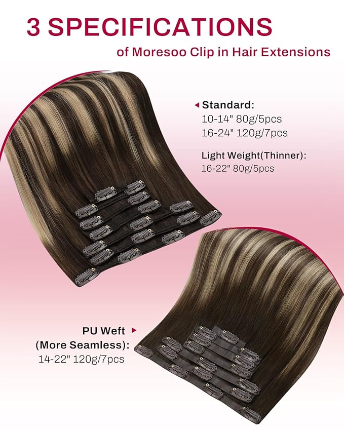 Moresoo 12 inch Real Human Hair Clip in Extensions Dark Brown to Caramel Blonde Balayage Clip in Hair Extensions Brown to Blonde Short Remy 80g/5pcs 12in