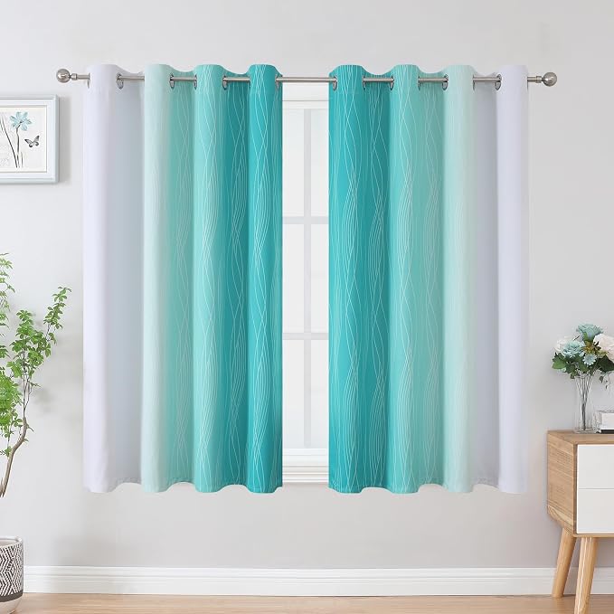 Teal and Greyish White Blackout Curtains 54 Inch Length, Light Blocking - Image 2