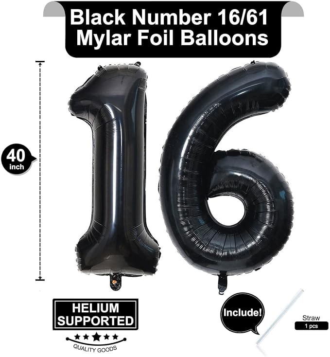 40 Inch Black 16 Number Balloons Giant 16 Balloons Black Birthday Balloons 16th - Image 2