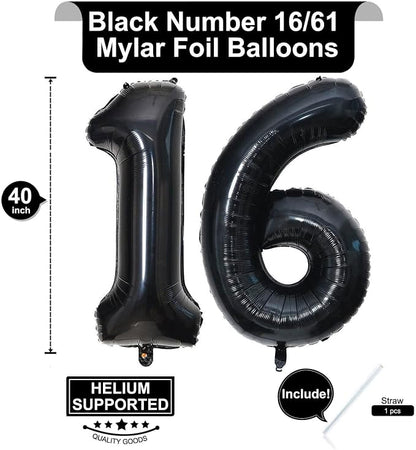 40 Inch Black 16 Number Balloons Giant 16 Balloons Black Birthday Balloons 16th - Image 2