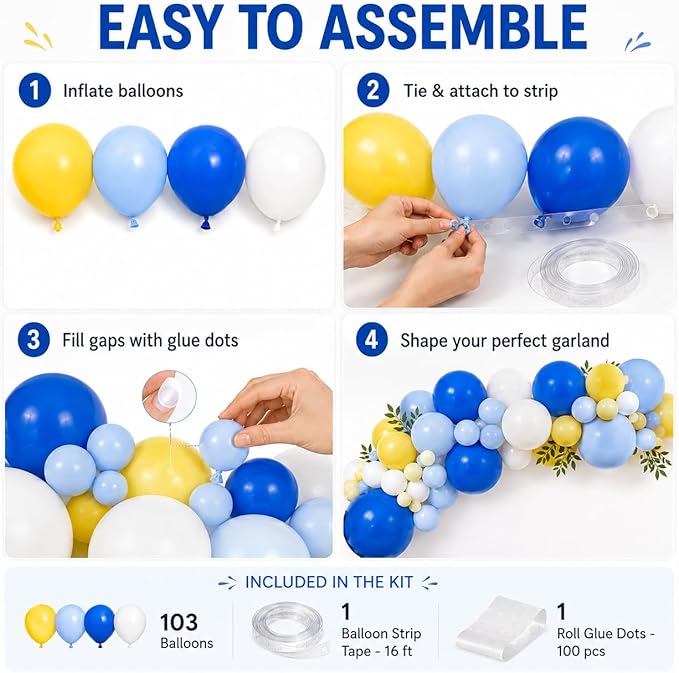 Blue White Yellow Balloon Arch Kit, Graduation Yellow Royal Blue Latex Party - Image 5