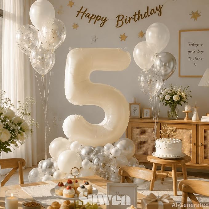 SUWEN 40 Inch Cream White Large 5 Balloon Numbers Big Foil Helium 0-9 | Jumbo - Image 2