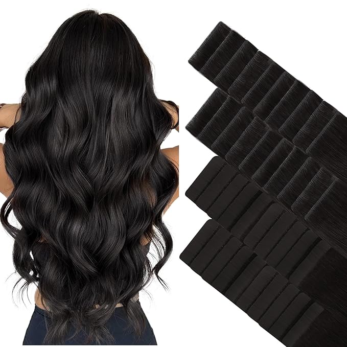 GOO GOO Invisi Edge Tape in Hair Extensions Human Hair, 1B Natural black 20pcs injected with 20pcs classical tape ins, 14inch 100g, Virgin Remy Hair, Natural Look