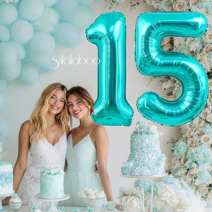 40 Inch Big Teal Blue Number 15 Foil 0-9 Mylar Helium Balloons | Large Digital - Image 2