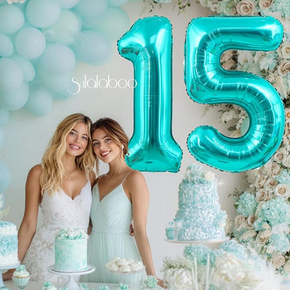 40 Inch Big Teal Blue Number 15 Foil 0-9 Mylar Helium Balloons | Large Digital - Image 2