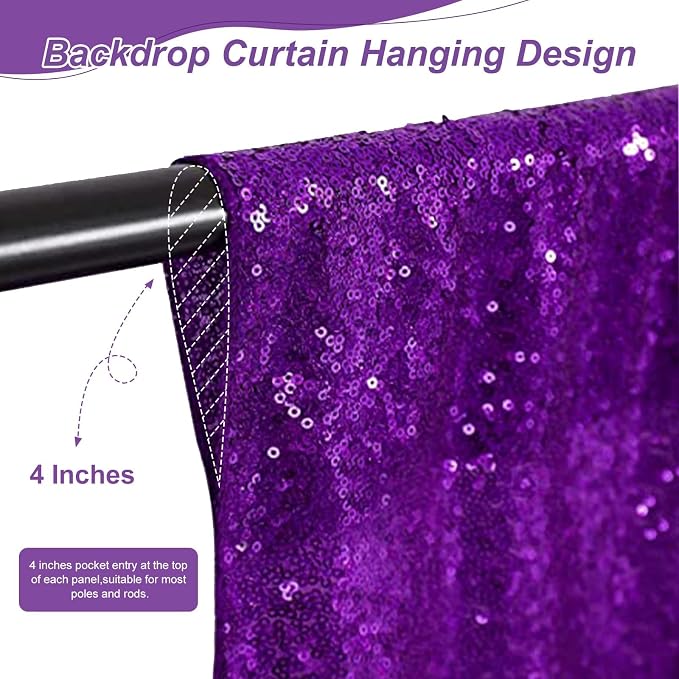 Purple Sequin Backdrop Curtain 6 Pcs 2ftx8ft Sparkly Glitter Wedding Party - Image 4