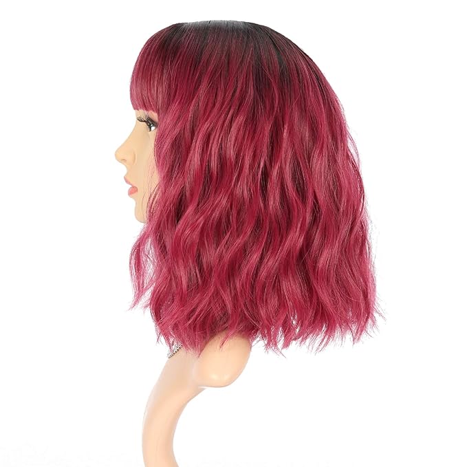 FAELBATY Short Wave Bob pink Wig With Bangs Synthetic Ombre Pink Cosplay Wig for women Halloween Wig Costume Wigs (12" Ombre Dark Red Color)